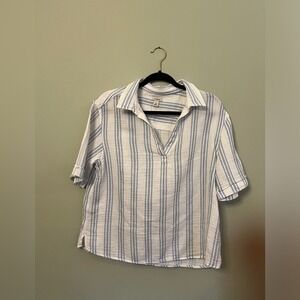 L.L. Bean Cloud Gauze Polo Top Stripes Coastal White Blue Women Size Medium